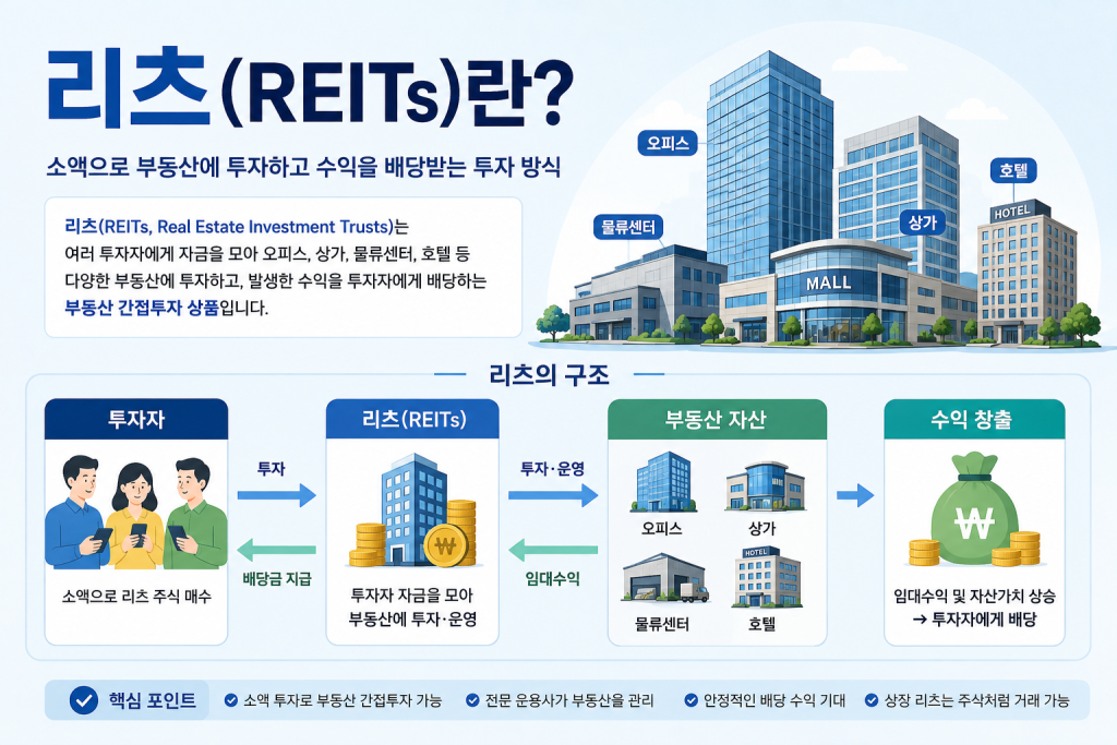 리츠(REITs)란 무엇인지 부동산 간접투자 구조와 배당 원리를 한눈에 설명하는 인포그래픽 이미지