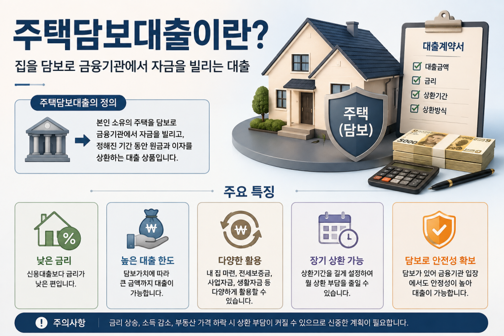 주택담보대출이란? 정의와 주요 특징, 금리, 대출 한도, 장기 상환, 담보의 개념을 한눈에 설명하는 인포그래픽