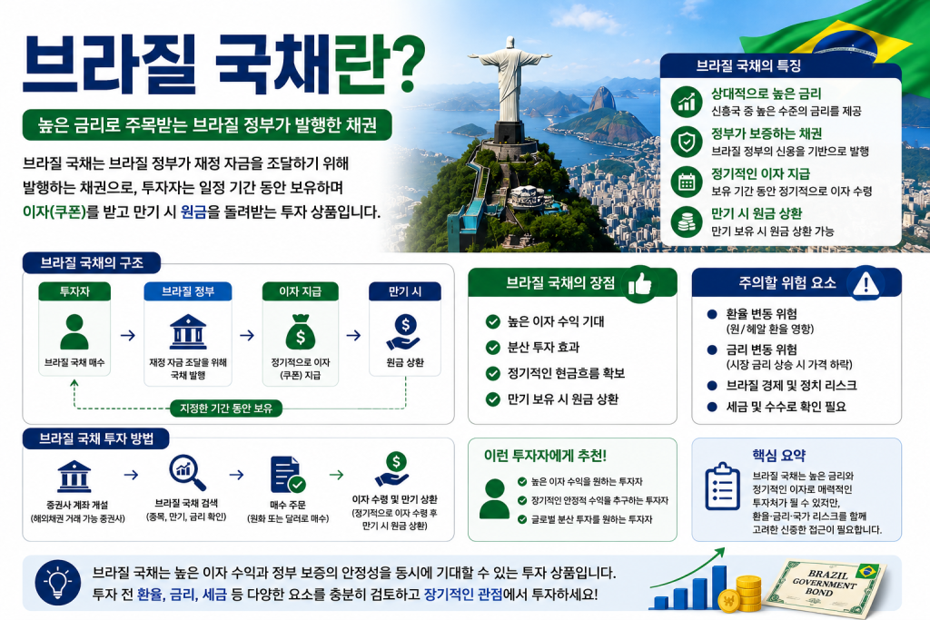 브라질 국채의 개념과 투자 구조, 이자 지급 방식, 장점과 위험 요소를 초보자도 쉽게 이해할 수 있도록 설명하는 인포그래픽