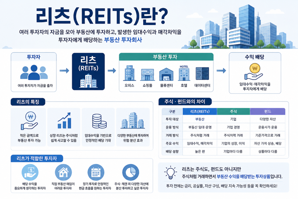 리츠(REITs)의 개념과 투자 구조, 배당 방식, 주식 및 펀드와의 차이점을 한눈에 설명하는 인포그래픽