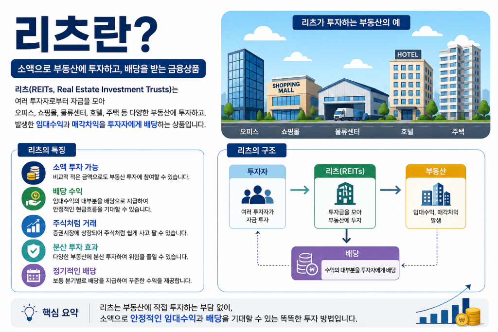 리츠(REITs)의 개념과 투자 구조, 배당 원리, 부동산 투자 방식을 초보자도 쉽게 이해할 수 있도록 설명하는 인포그래픽