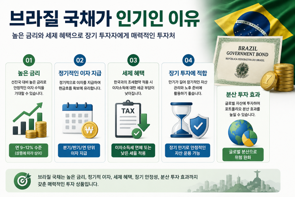 브라질 국채가 높은 금리, 정기적인 이자 지급, 세제 혜택, 장기 투자, 분산투자 효과로 인기 있는 이유를 설명하는 인포그래픽
