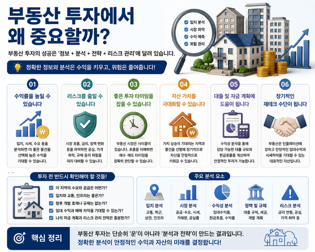 주택담보대출이 부동산 투자에서 중요한 이유를 수익률, 리스크 관리, 투자 타이밍, 자산 가치, 자금 계획, 장기 투자 관점에서 설명하는 인포그래픽