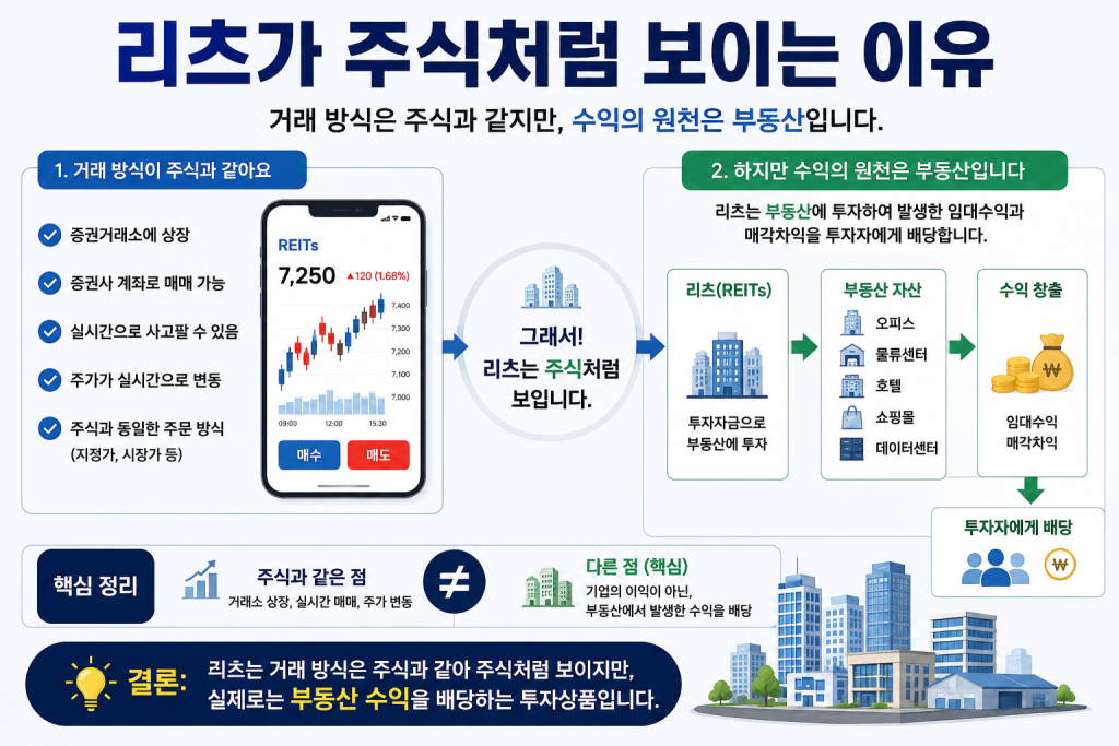 리츠(REITs)가 주식처럼 거래되는 이유와 부동산에서 발생한 임대수익을 배당하는 구조를 설명하는 인포그래픽